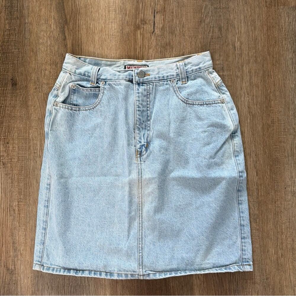 Vtg 90s Memphis Sz 7/8 Denim Skirt High Waist Light Wash Midi Retro 100% Cotton